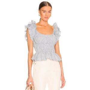 Ulla Johnson Paloma Flutter Sleeve Top Size 4 Blue/White Stripes 100% Linen